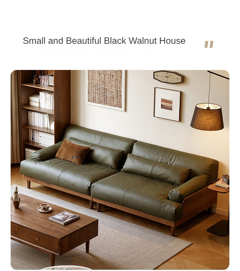 Black walnut solid wood leather three-seater straight down sofa