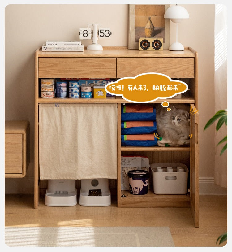 Oak solid wood side cabinet cat pet supplies storage sweeping robot cabinet-