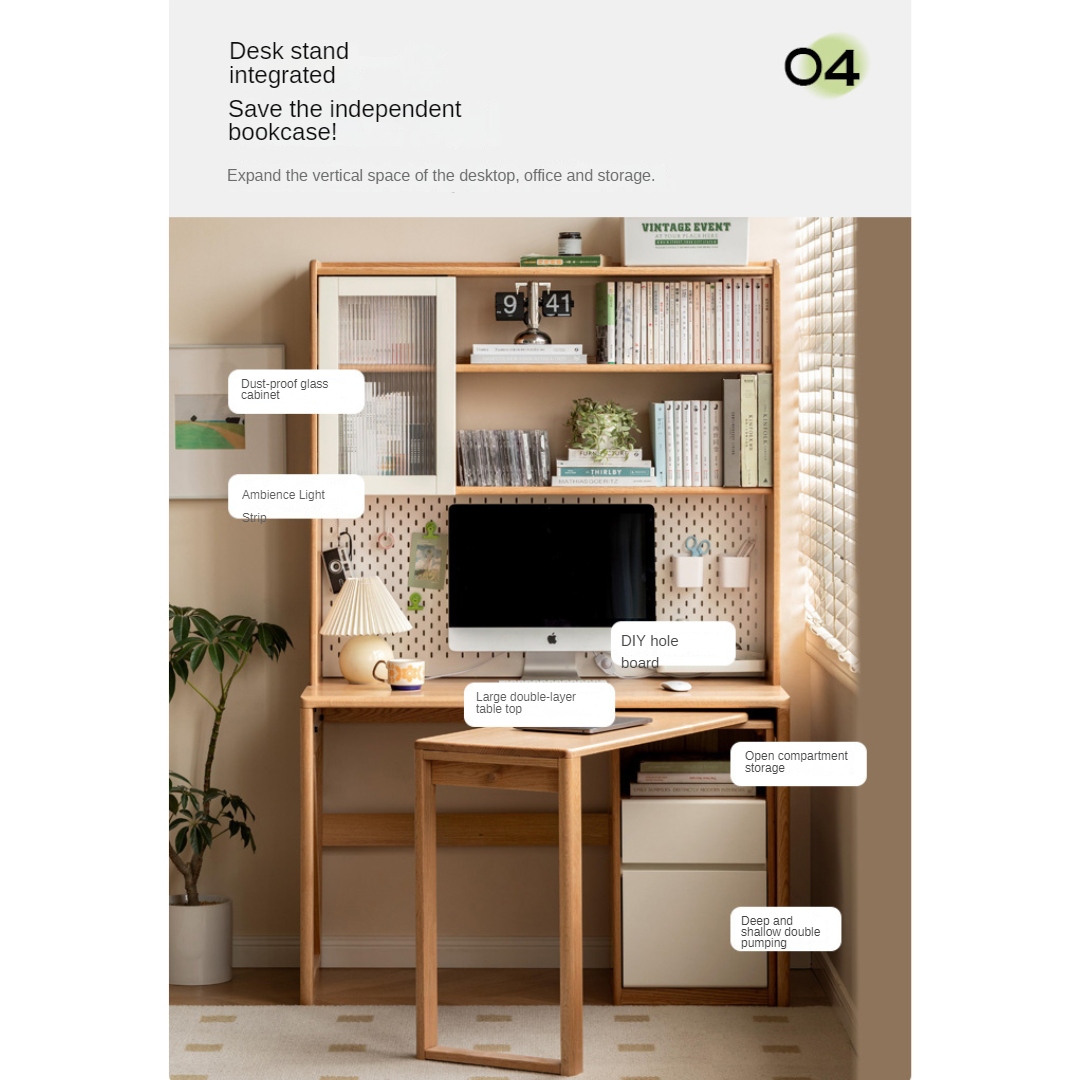 Oak solid Wood Bookshelf Integrated Corner Folding Desk