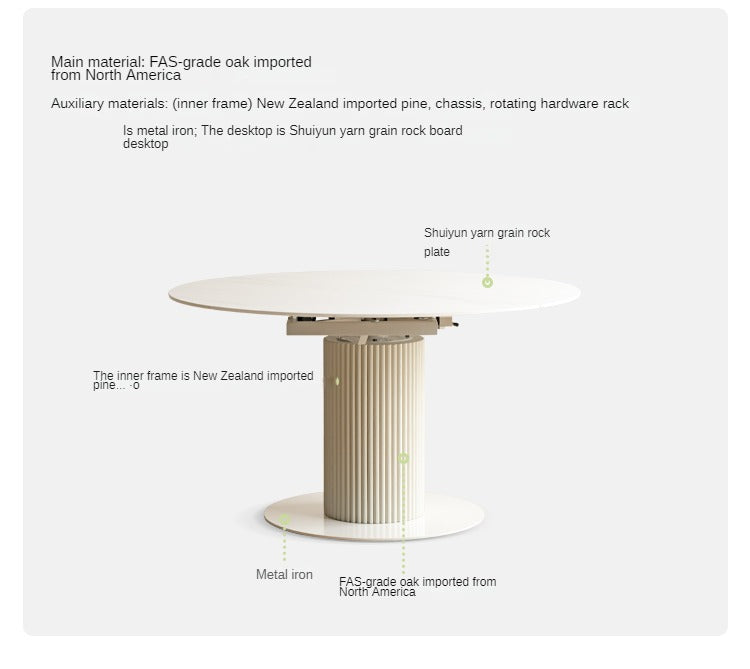 Rock Plate Round retractable dining Table Cream Oak Solid Wood"