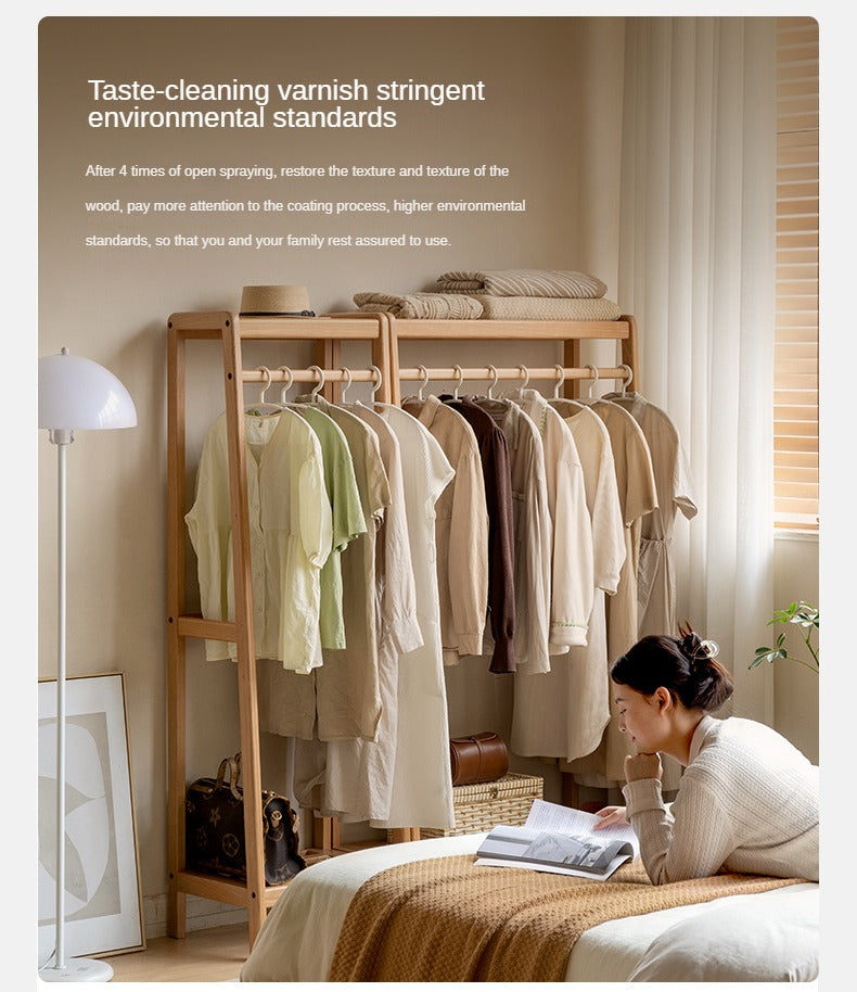 Oak, Ash solid wood hanger for small bedroom floor standing storage rack