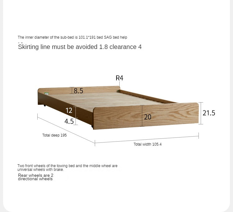 Oak solid wood small single bed with trolley Platform Bed, Headboard-Free Bed