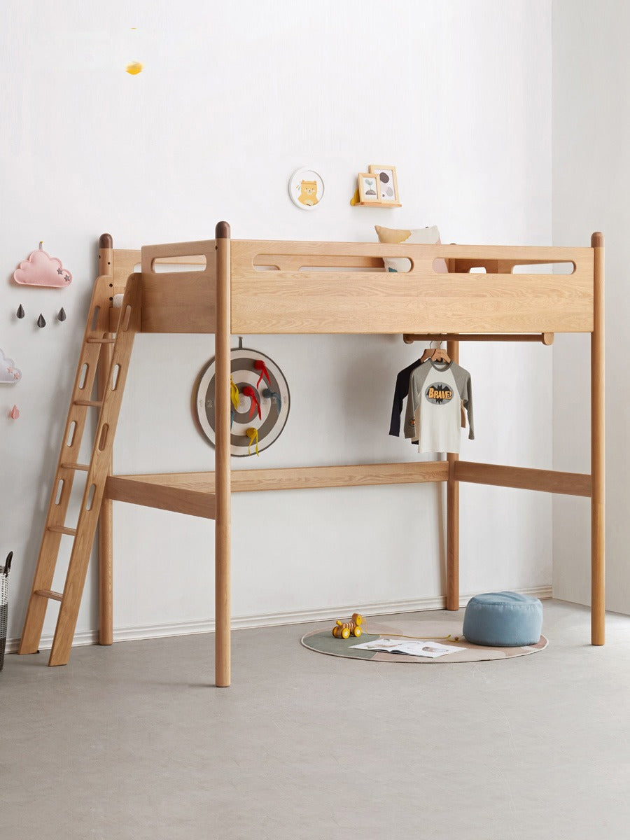 Oak solid wood Loft bed with a desk<