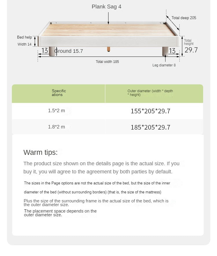 Oak solid wood platform bed, headboard-free bed cream style<