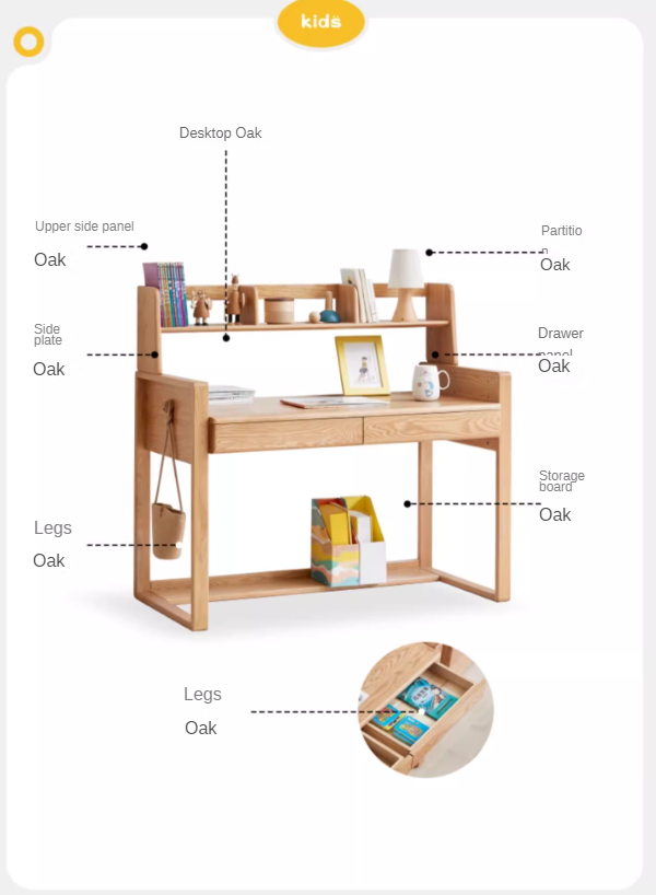 Oak children's modern study table can be raised and lowered