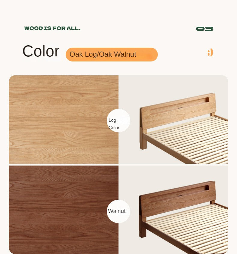 Oak, Beech solid wood bed with light and bookshelf