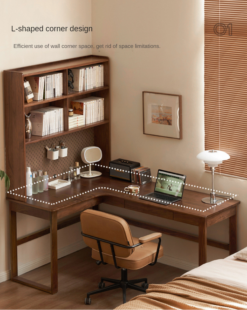 Oak Solid Wood Corner Desk Bookshelf