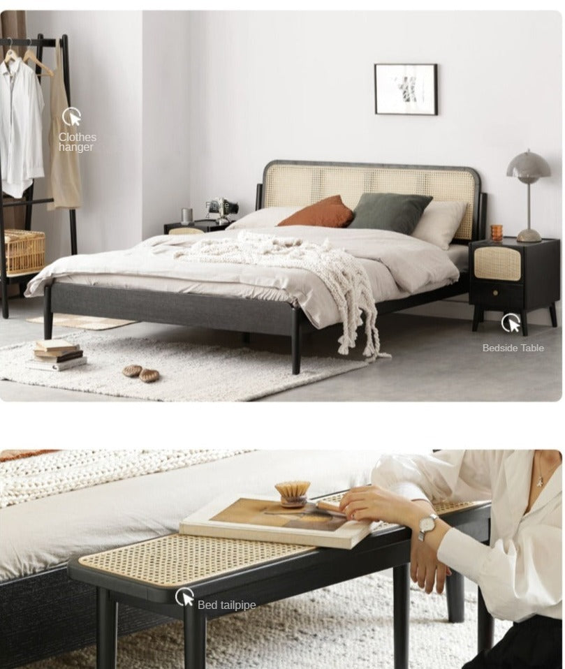 Black Rattan Oak solid wood bed"