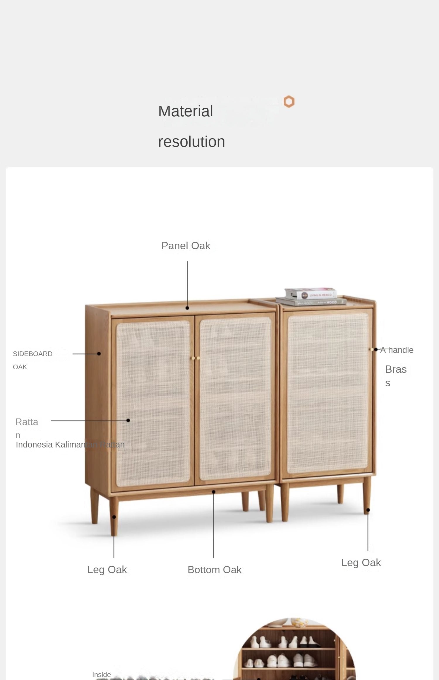 Oak solid wood shoe cabinet storage rattan: