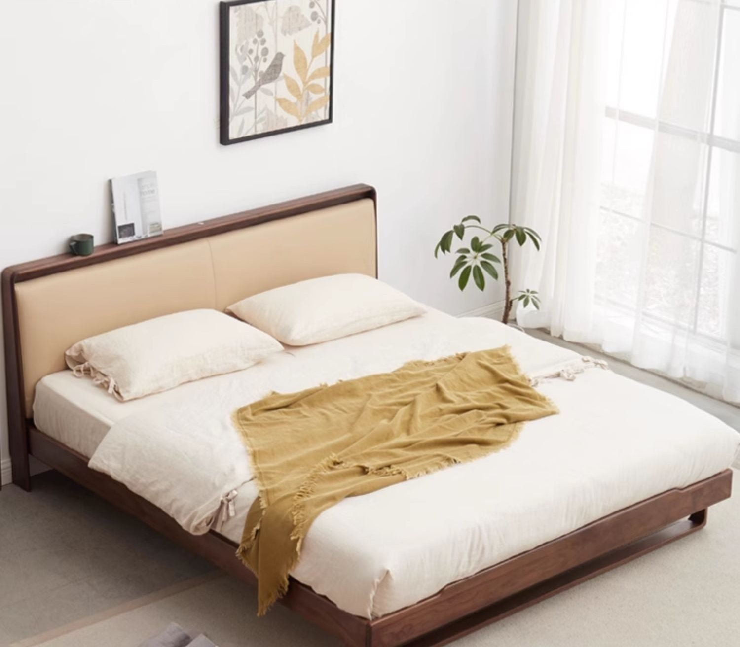 Ash solid wood leather soft bed<