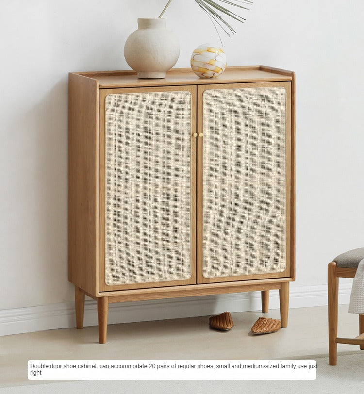 Oak Solid Wood Shoe Cabinet Storage Rattan