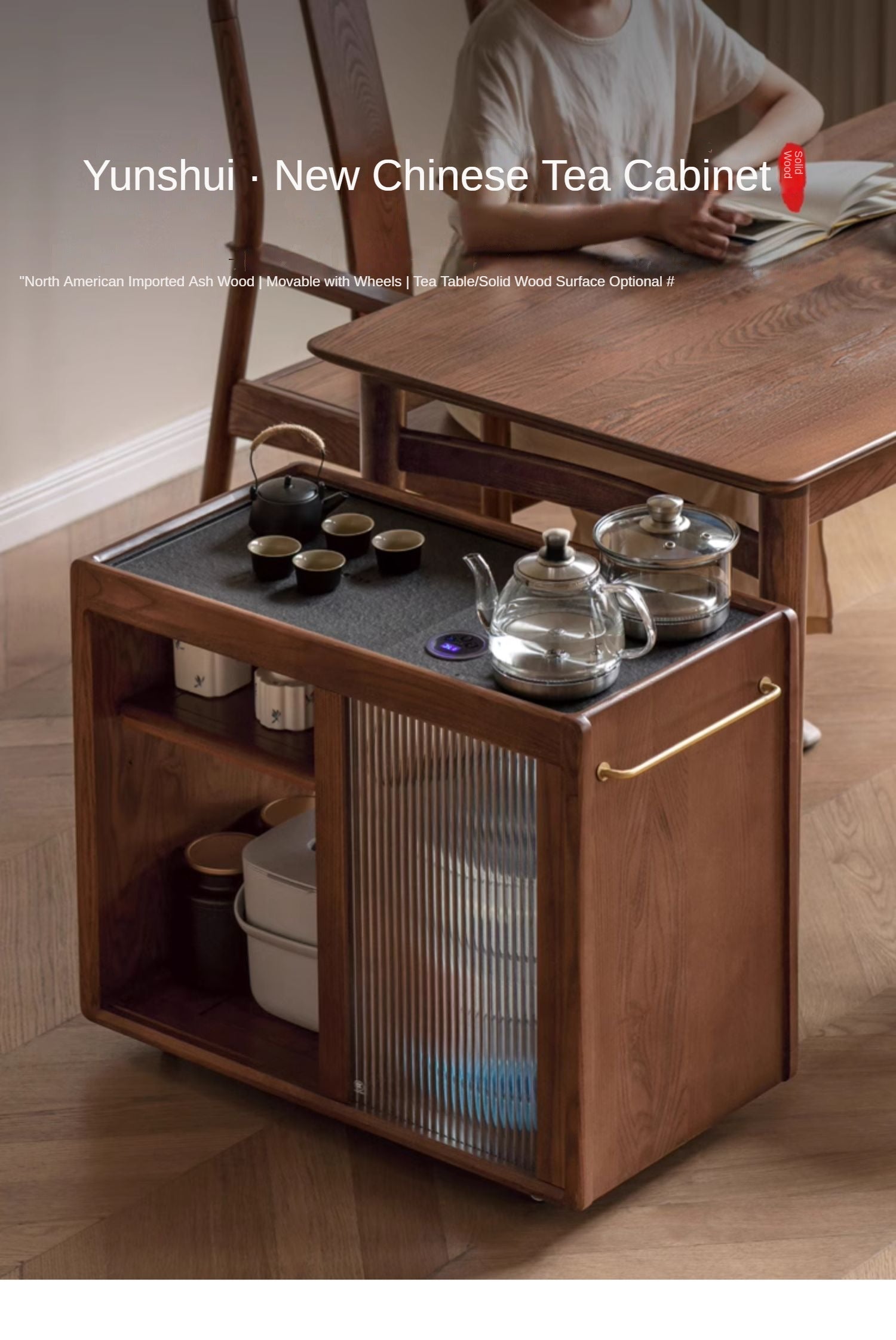 Ash, Oak, Black Walnut Solid Wood Mobile Tea Cabinet