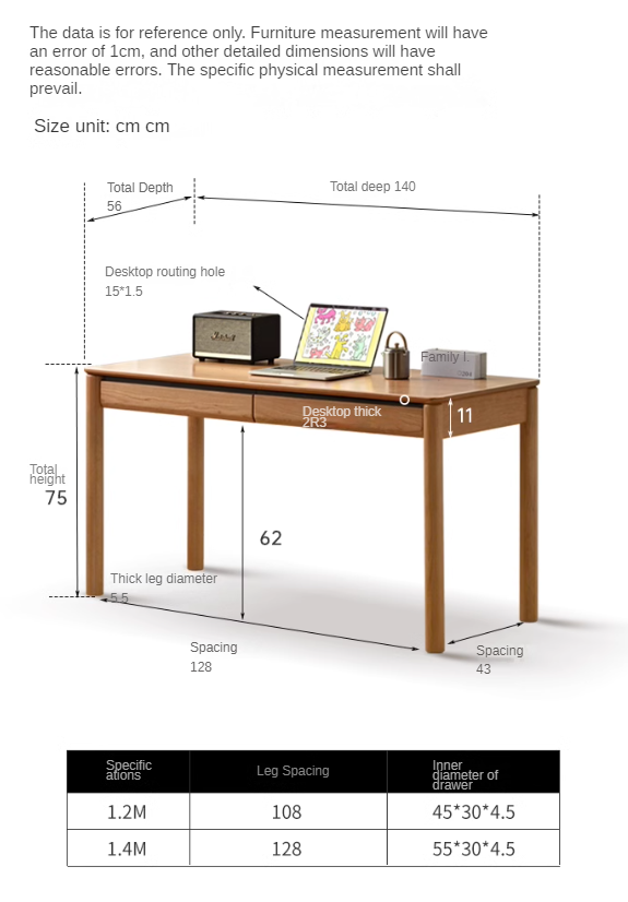 Cherry Solid Wood Retro Study Desk With Drawer