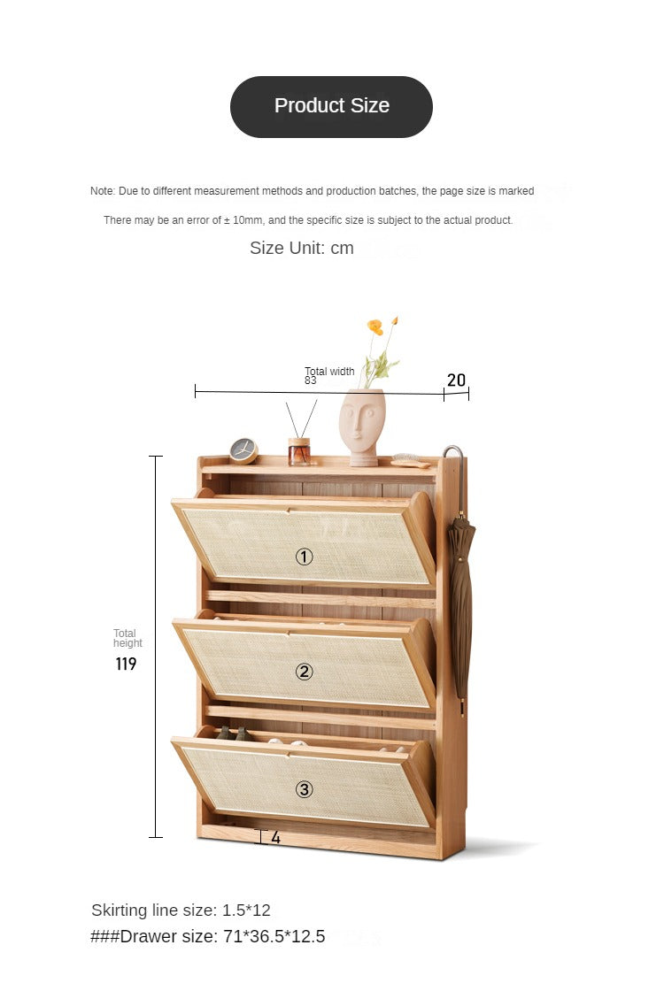 Oak solid wood Ultra-thin flap door rattan shoe cabinet
