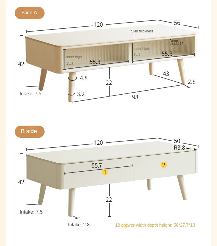 Rabber Solid Wood White Cream Style Rock Plate Coffee Table-