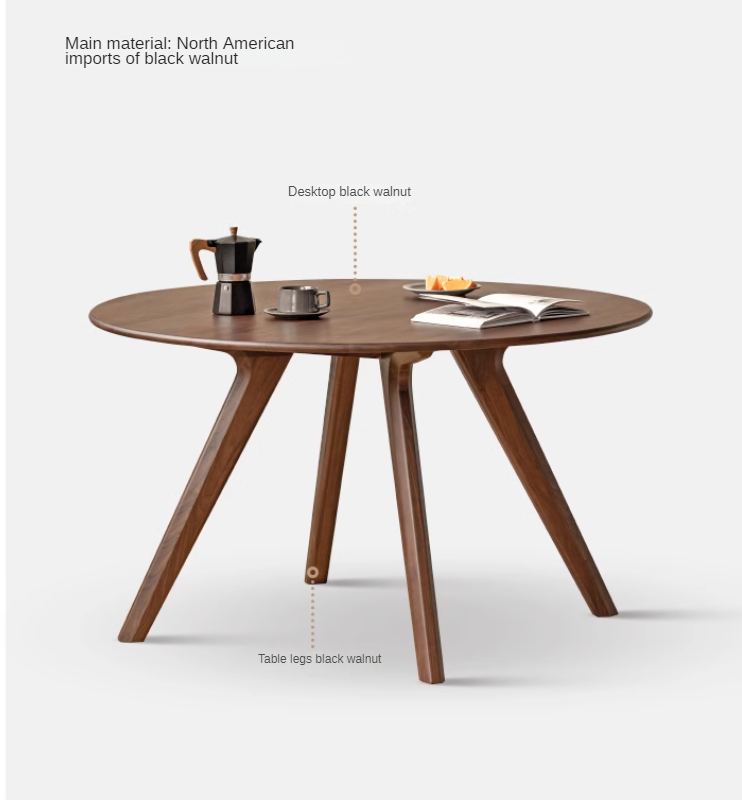 Black Walnut Solid Wood Retro Round Dining Table