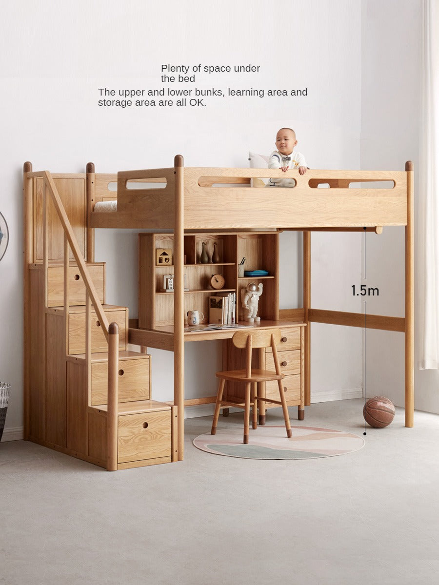 Oak solid wood Loft bed with cabinet