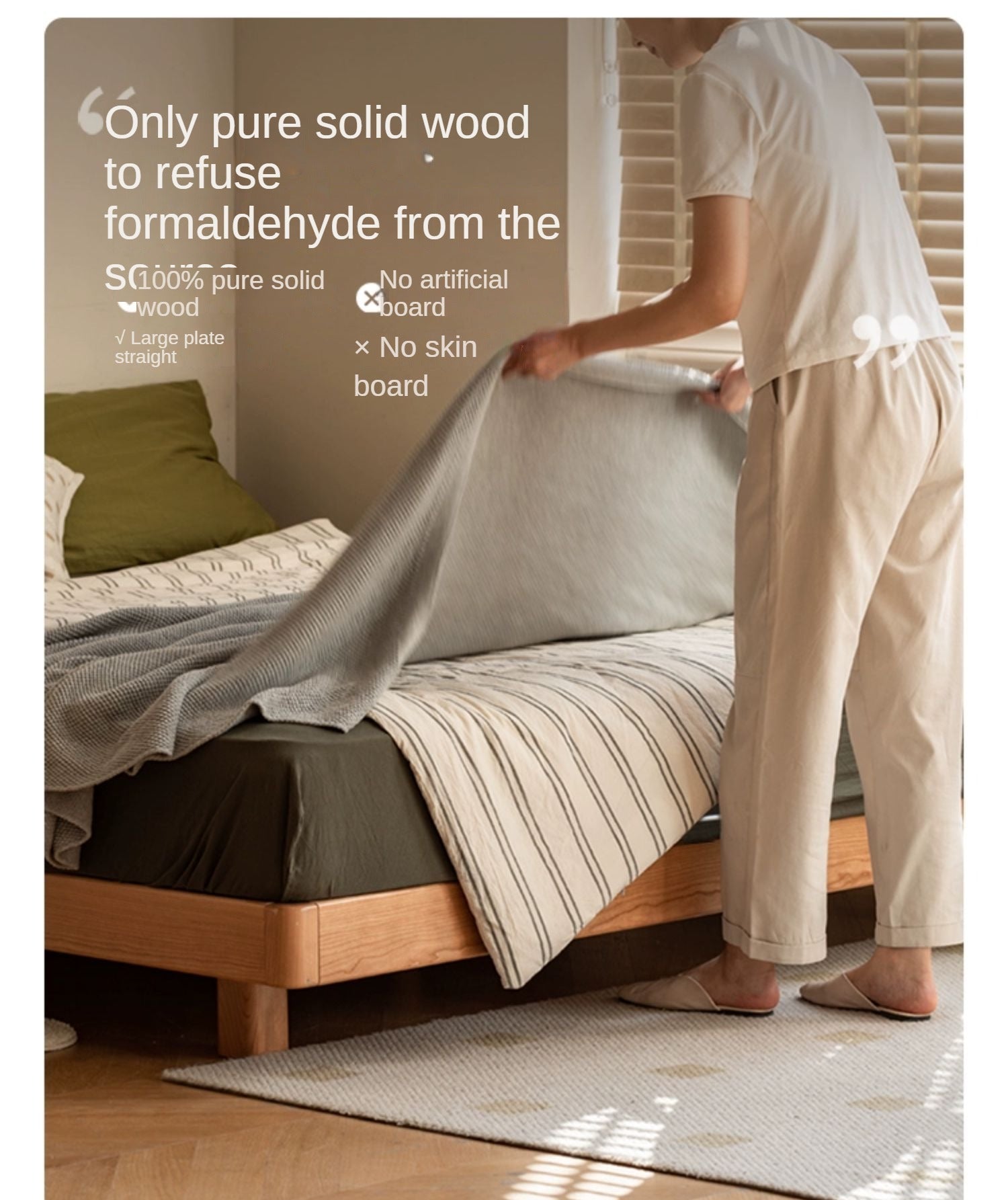 Cherry Solid Wood platform bed, headboard-free bed<