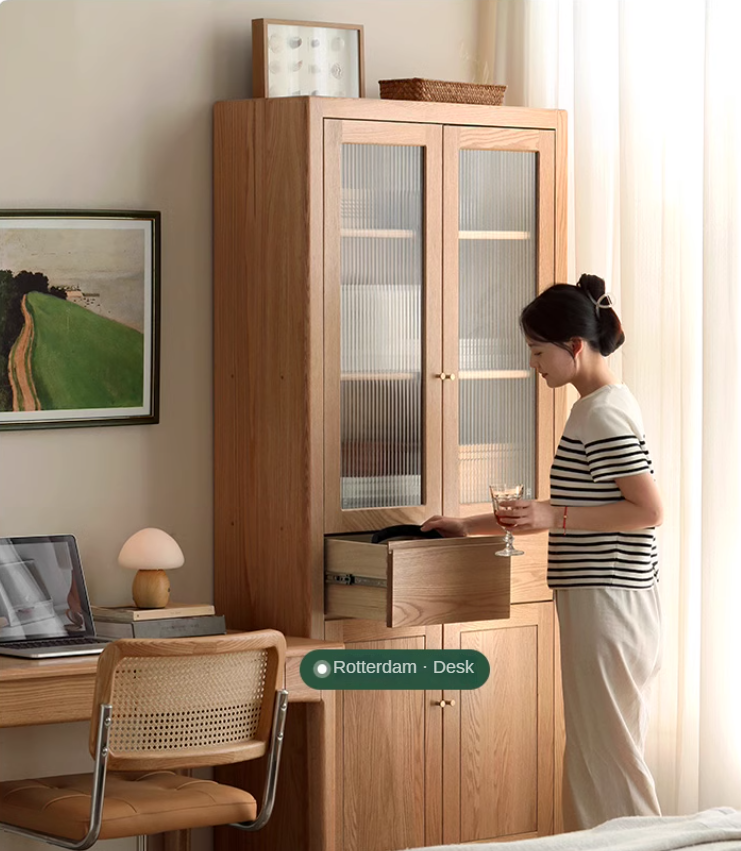 Oak solid wood bookcase with glass door