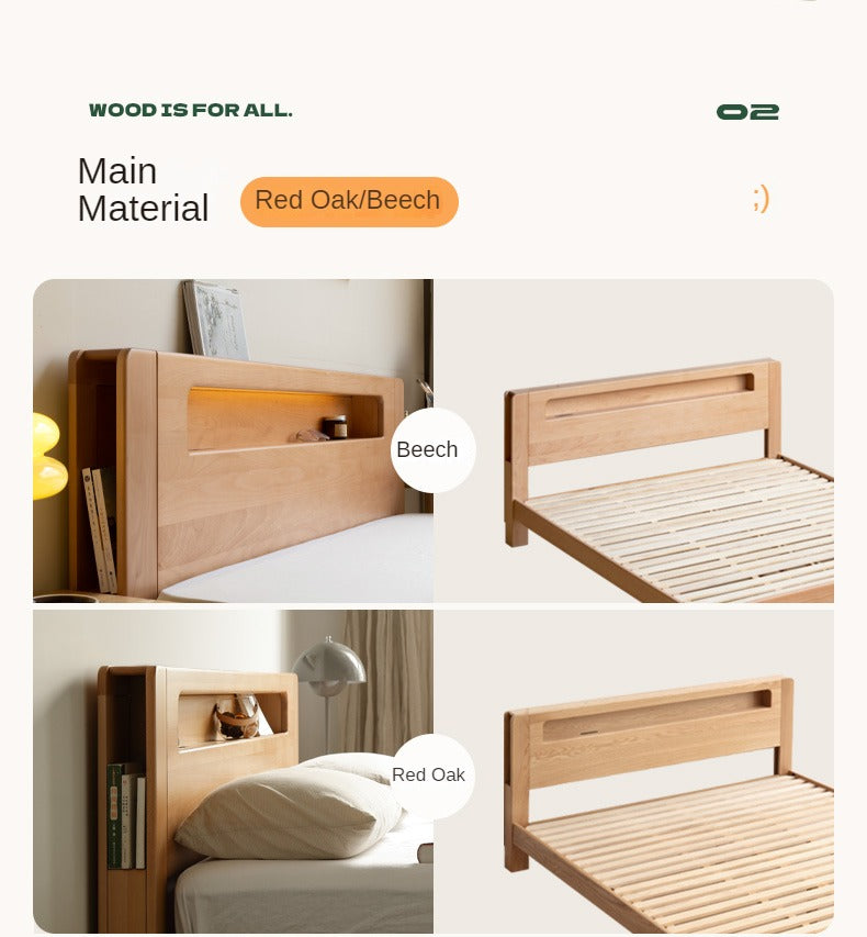 Oak, Beech solid wood bed with light and bookshelf