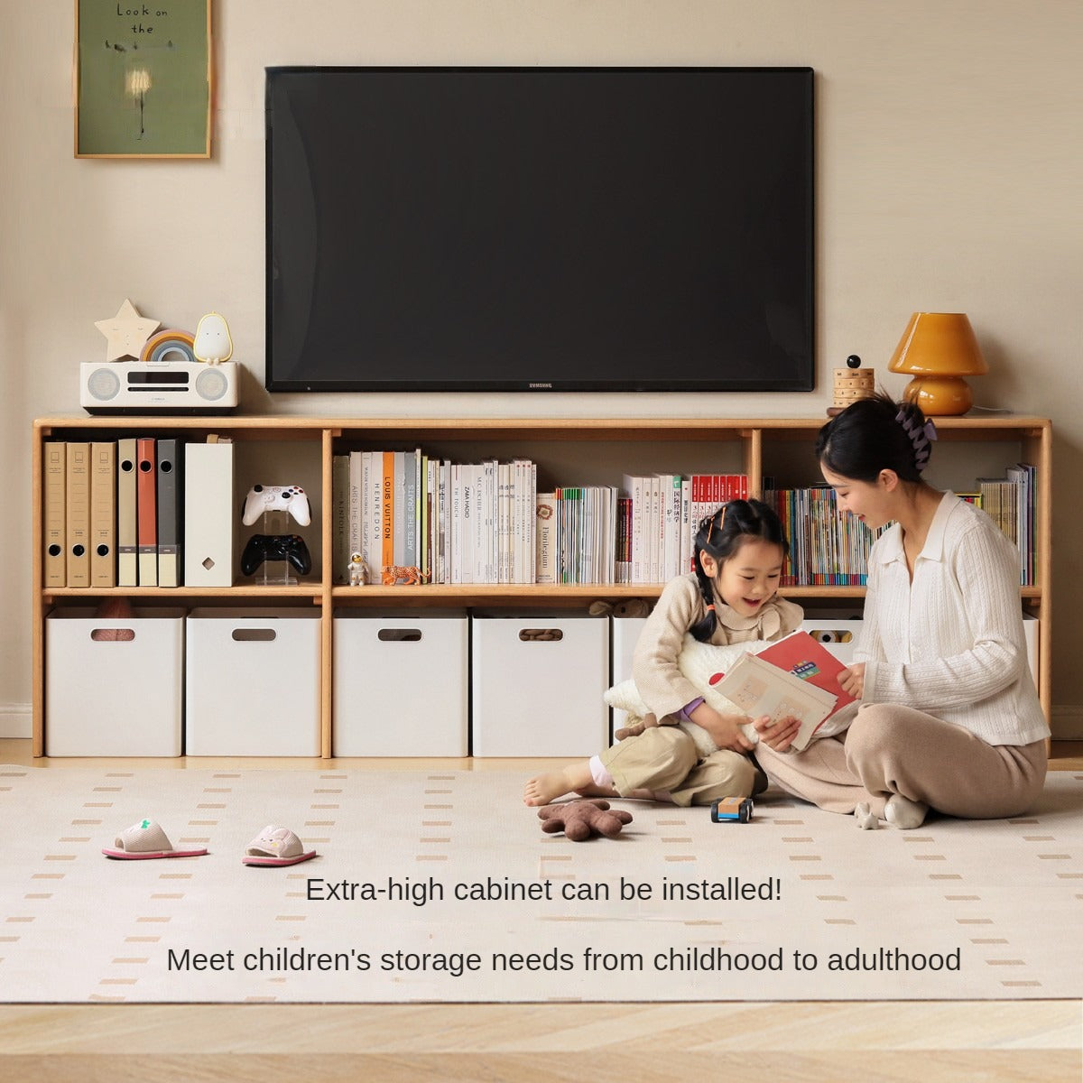 Oak Solid Wood TV Cabinet Minimalist Children's Toy Storage