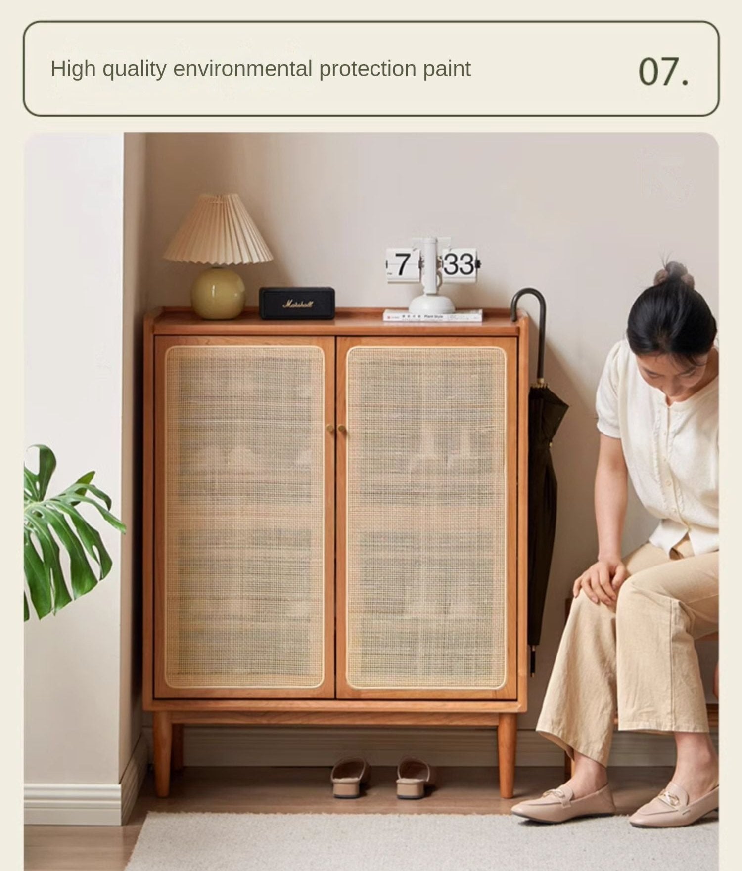 Cherry solid wood rattan door storage shoe cabinet