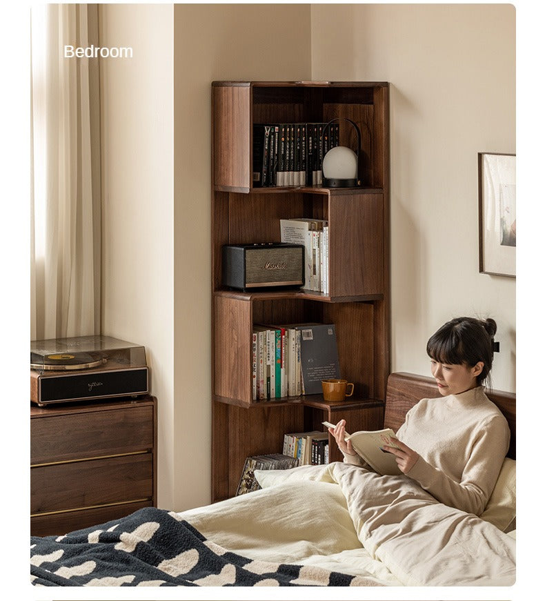 Black walnut solid wood corner storage bookcase<