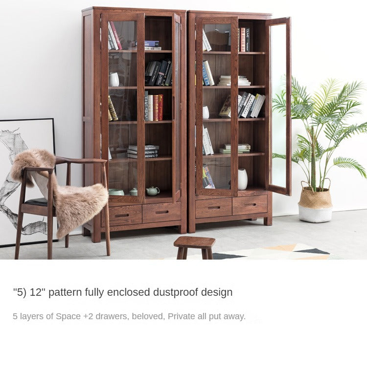 Oak Solid Wood Nordic Bookcase with Glass Door