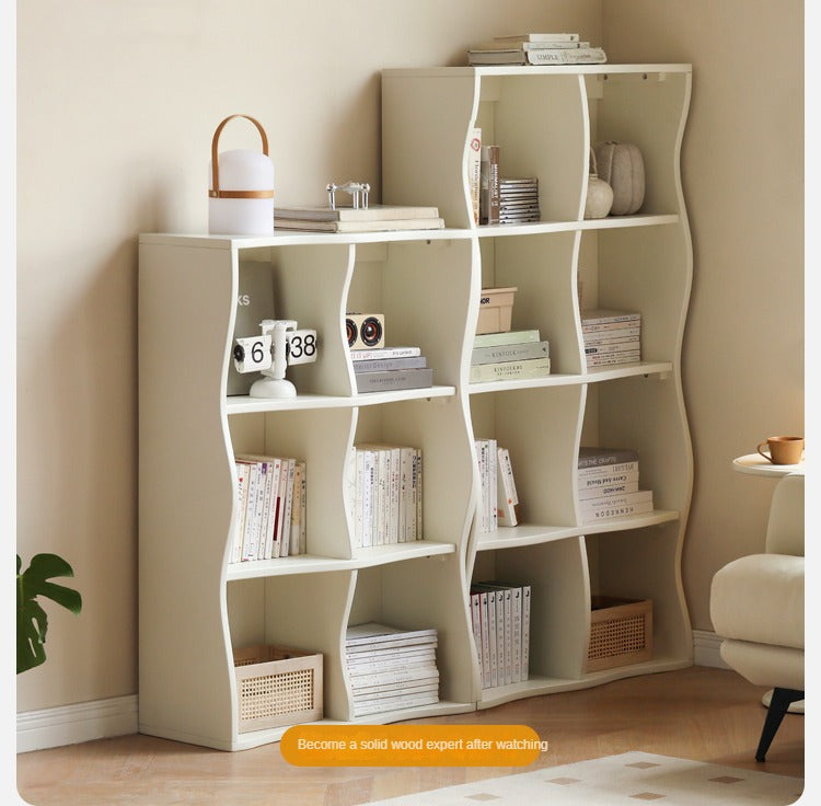 Oak Solid Wood Bookcase,Cream White Floor to Floor Standing Cabinet
