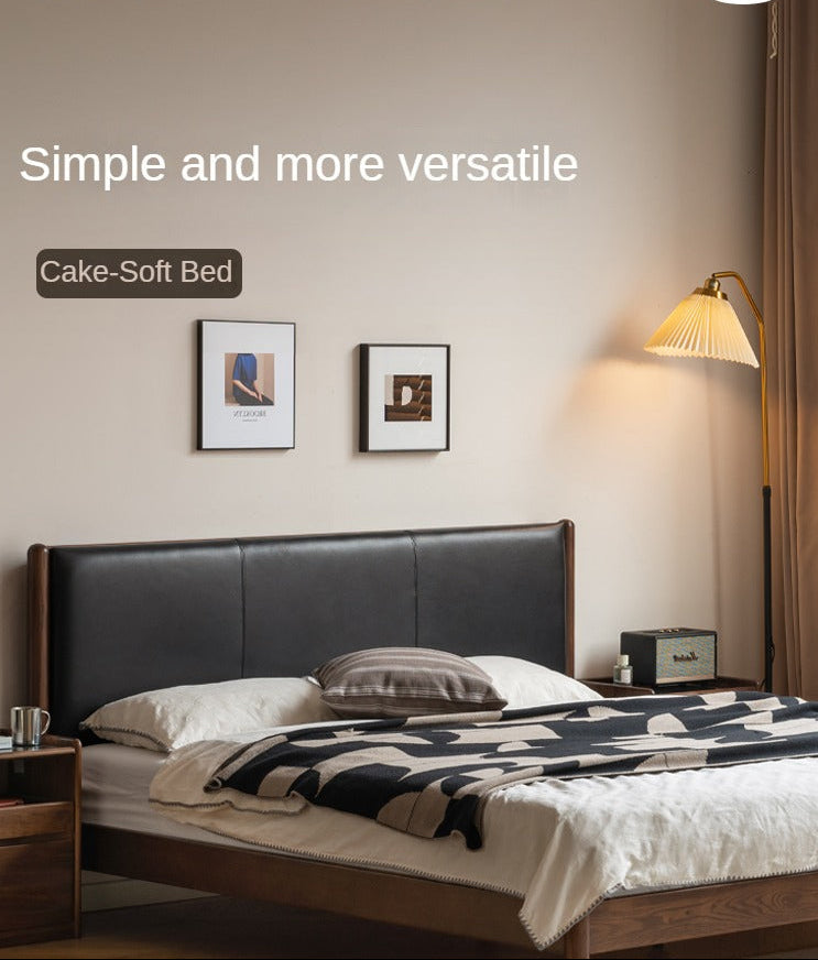 Black Walnut, Oak, Rubberwood Solid Wood Leather Soft Bed Italian Light Luxury