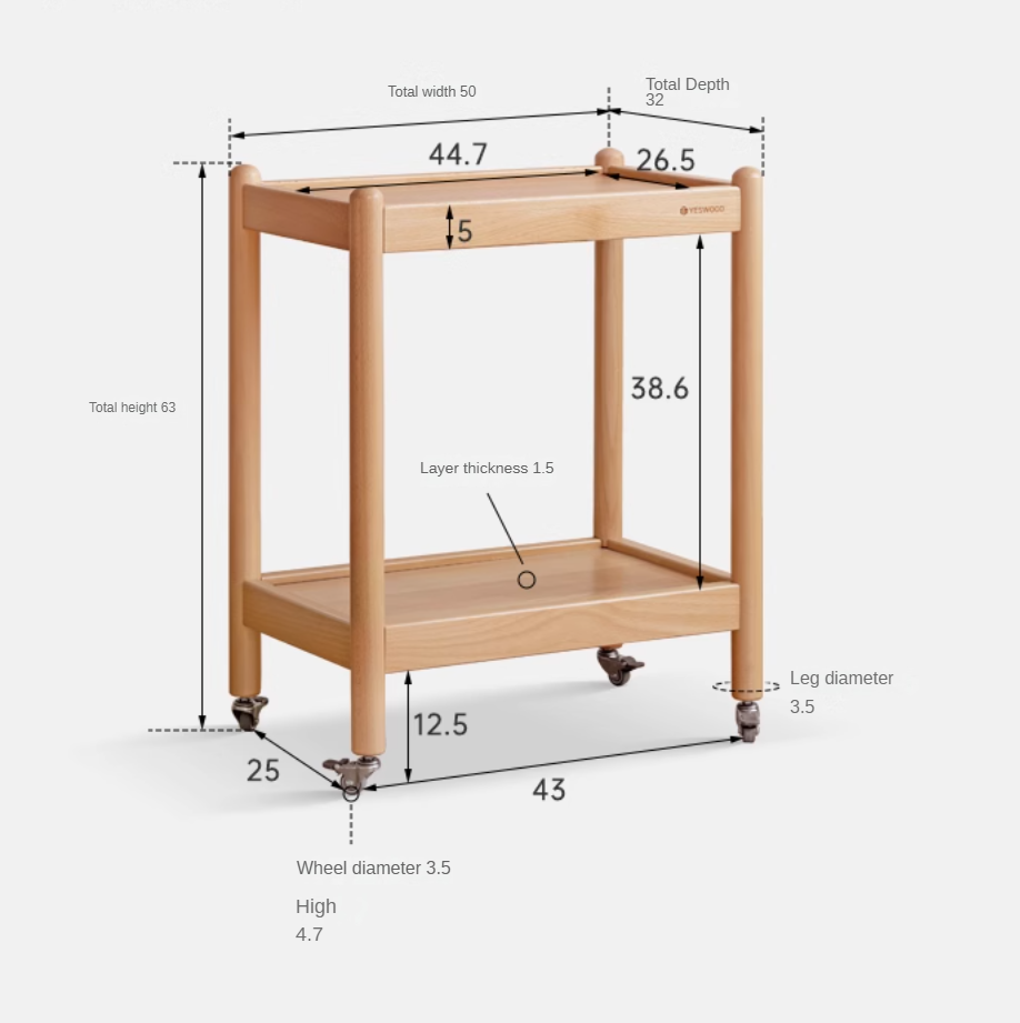 Beech Solid Wood Mobile Modern Double Layer Storage Side Table