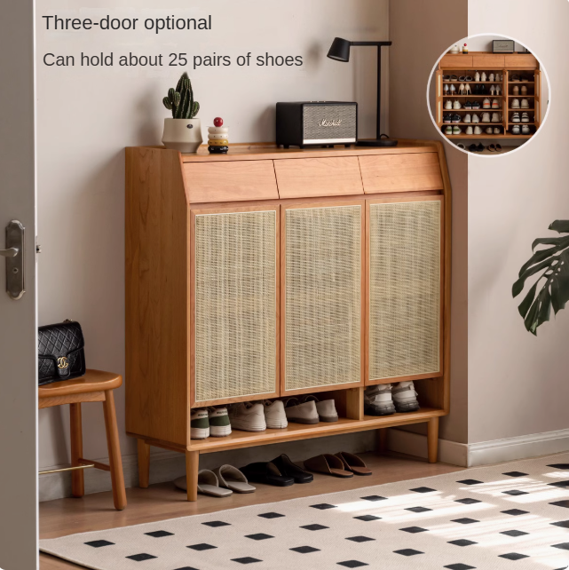 Cherry Solid Wood Rattan Shoe Cabinet