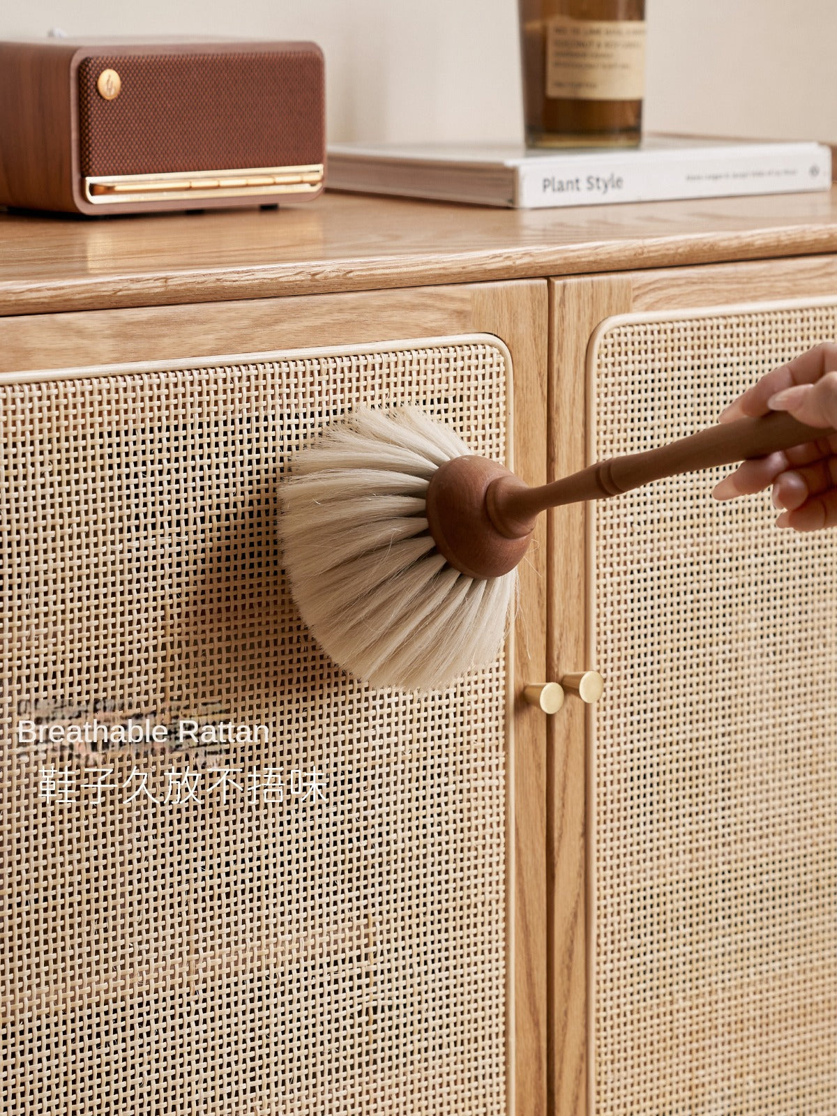 Oak solid wood shoe cabinet storage rattan: