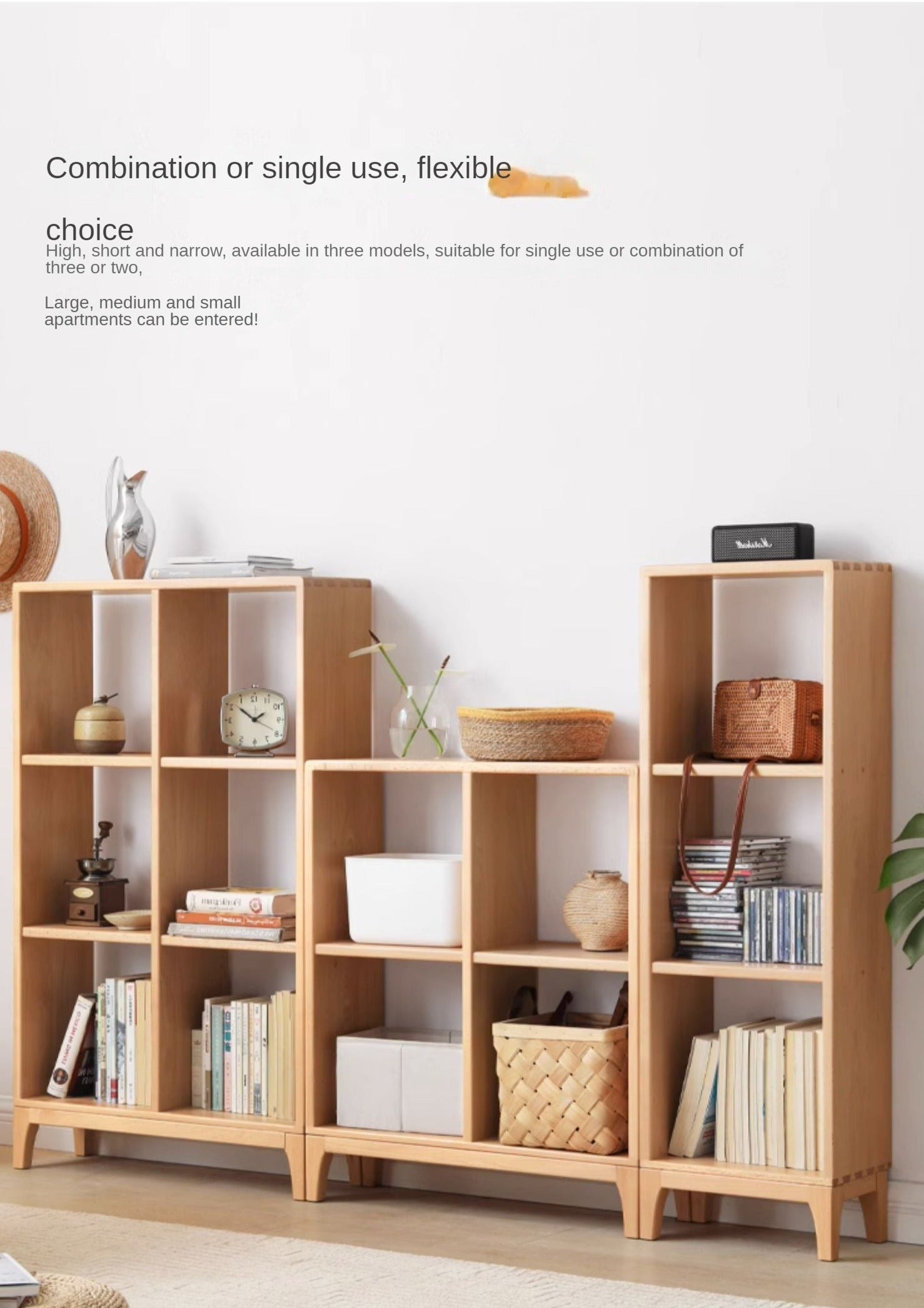 Beech solid wood bookshelf, Nordic display rack<