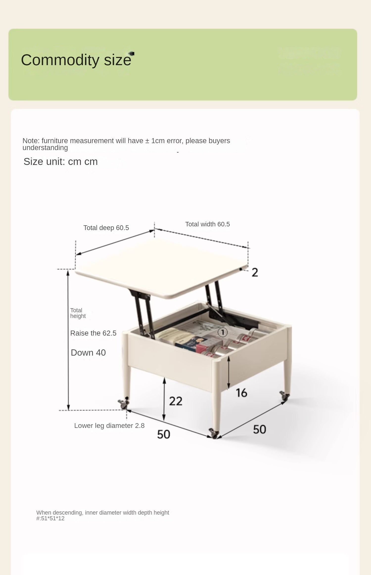 Poplar Solid Wood Lifting Cream Style Mobile Coffee Table