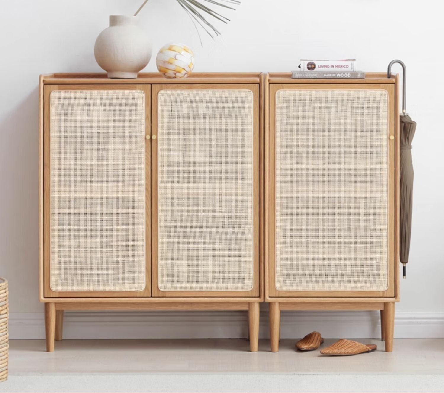 Oak solid wood shoe cabinet storage rattan: