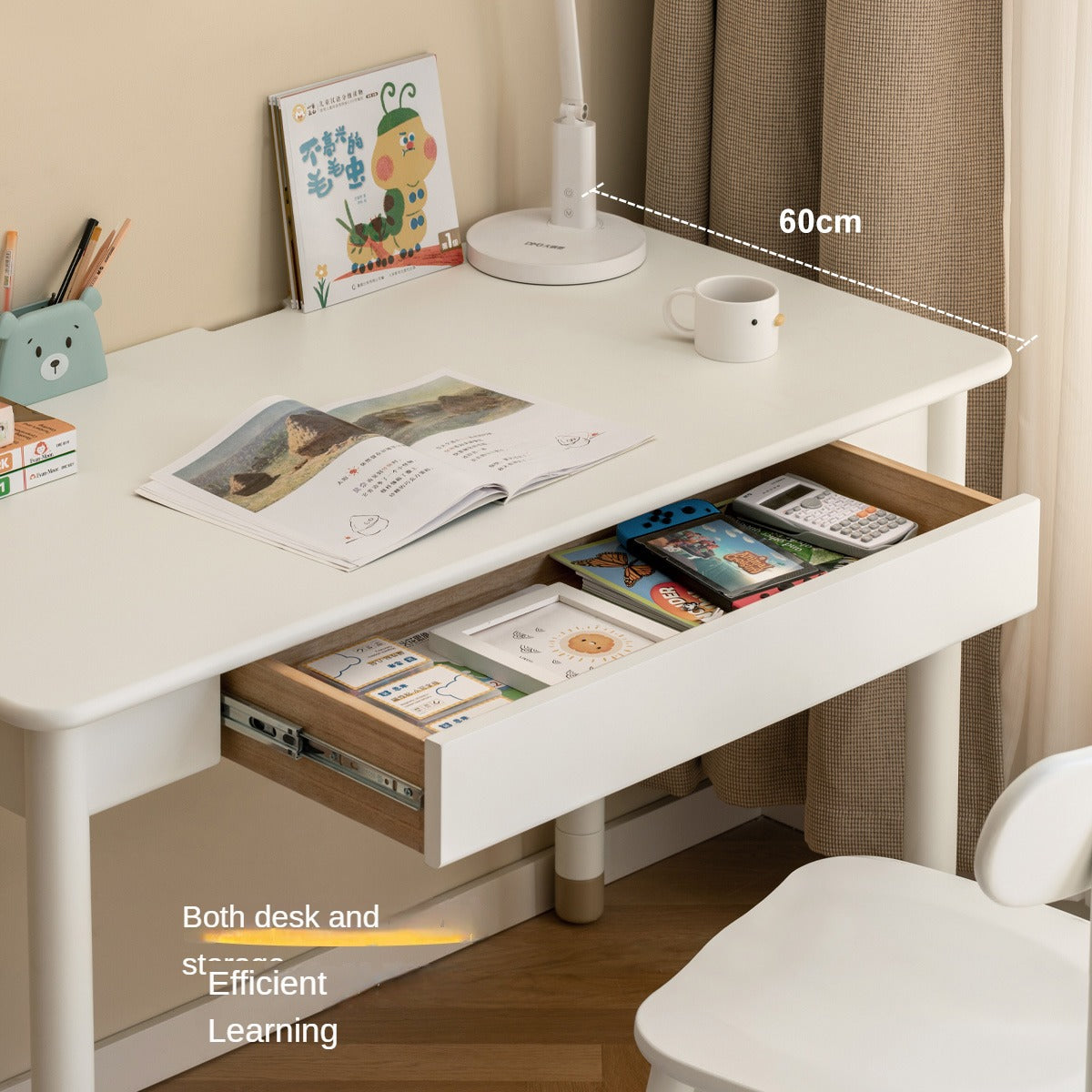 Poplar Solid Wood Children's Elevated Learning Table Cream Drawer Table "