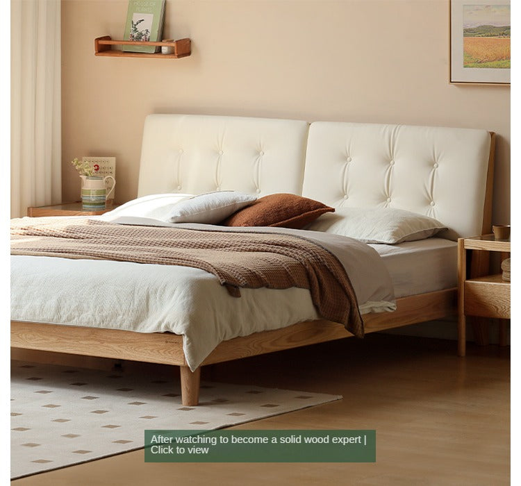 Oak solid wood leather soft bed cream style<