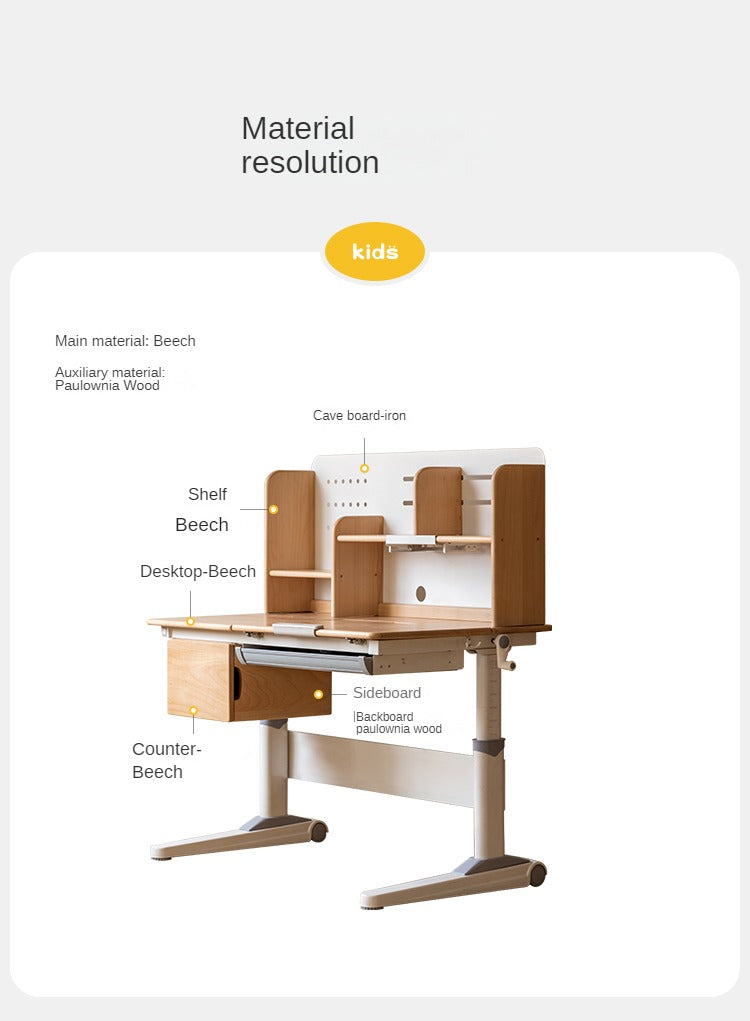 Beech solid wood children's liftable kids writing desk