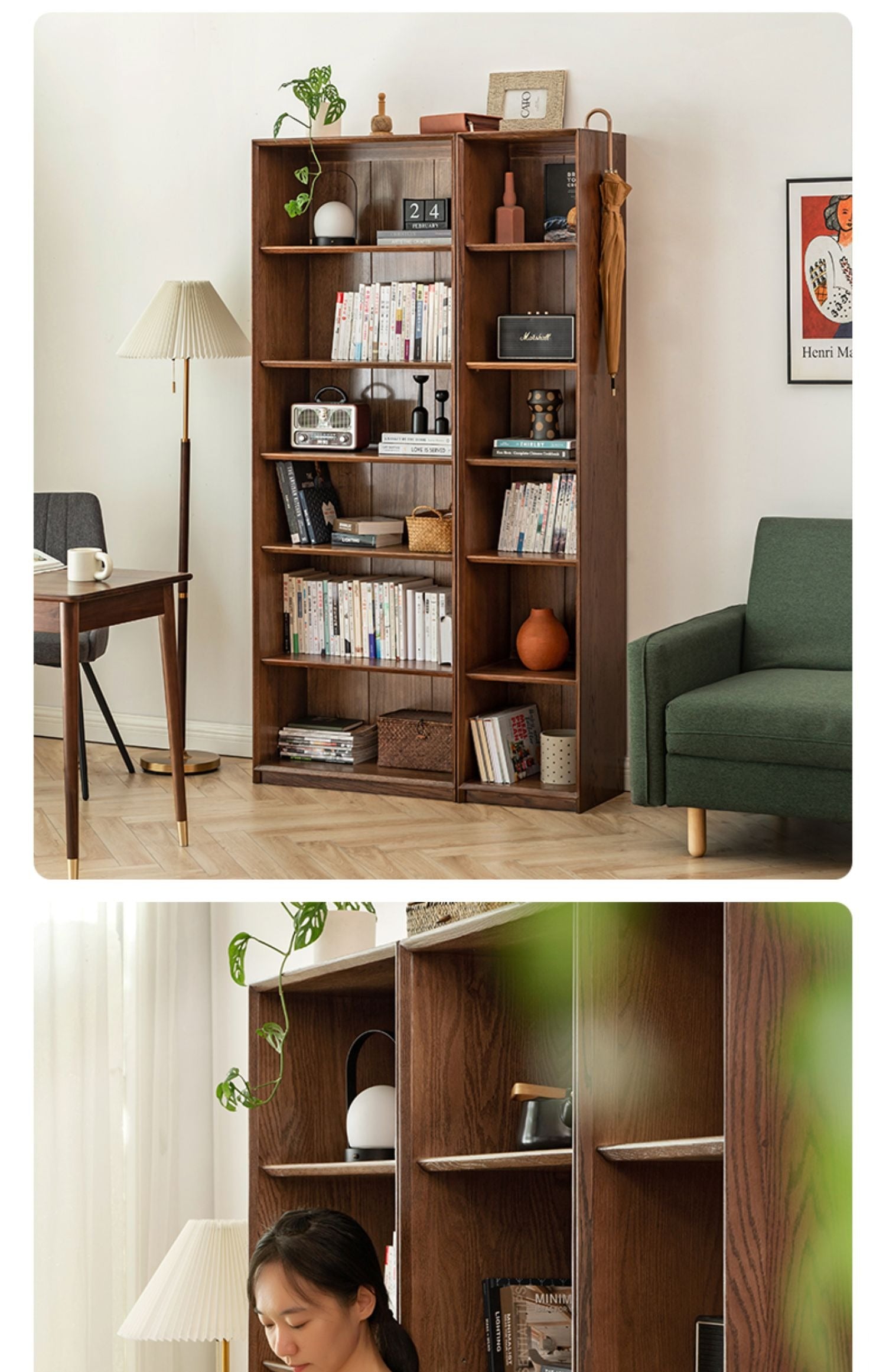 Oak Walnut solid wood cdust-proof glass door wall floor-to-ceiling bookshelf<