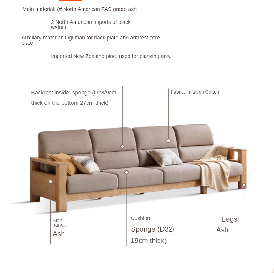 Ash, Black Walnut Solid Wood White Wax Fabric Sofa