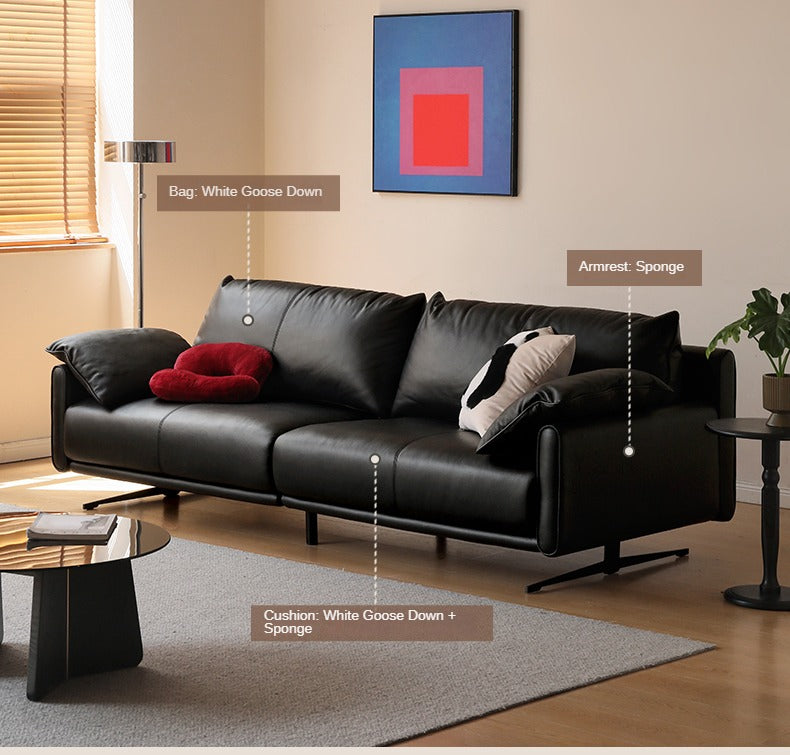 Leather sofa cowhide straight black Italian sofa