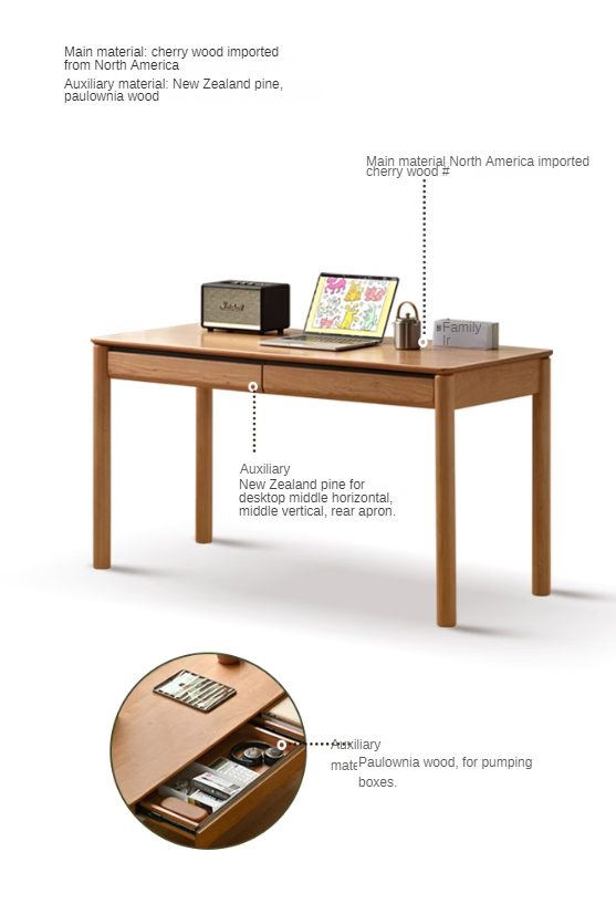 Cherry Solid Wood Retro Study Desk With Drawer