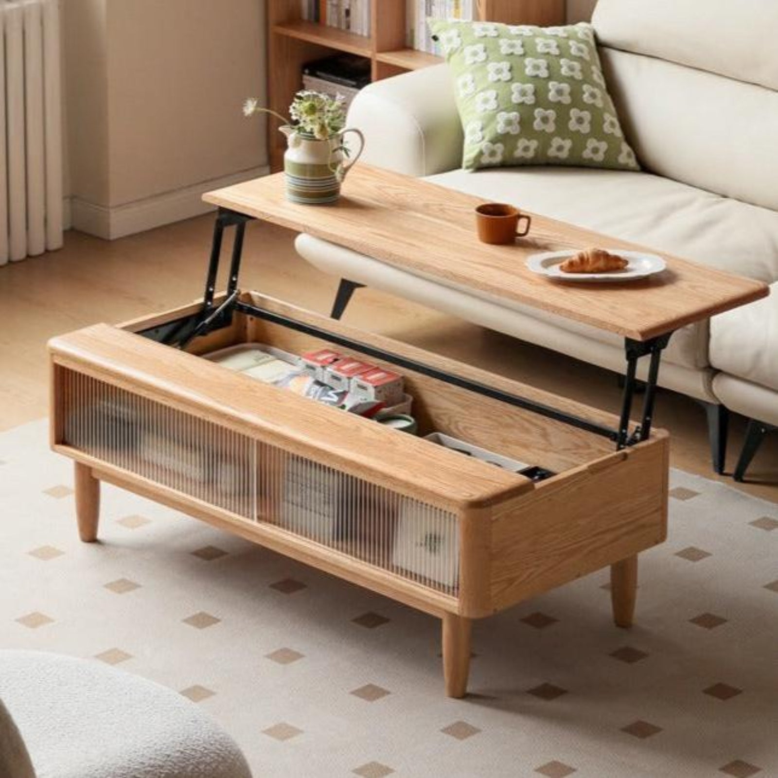 Oak Solid Wood Modern Slate Lifting Coffee Table