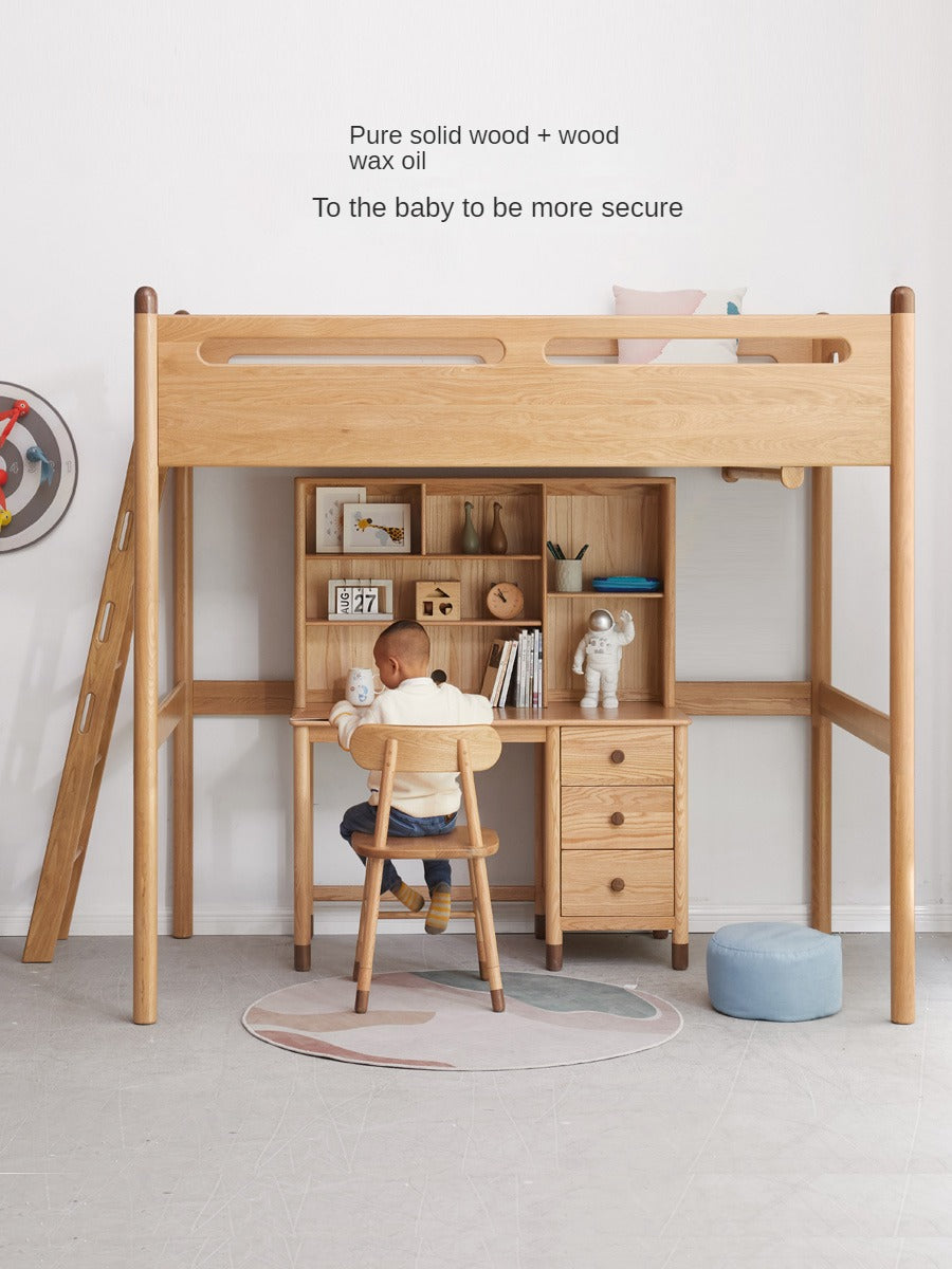 Oak solid wood Loft bed with a desk<