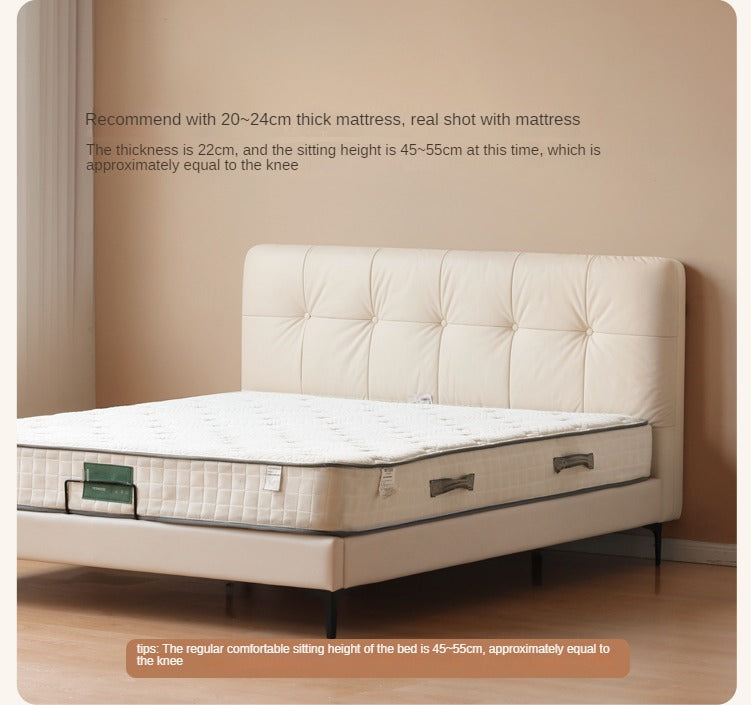 Genuine leather light luxury bed, cream style ")