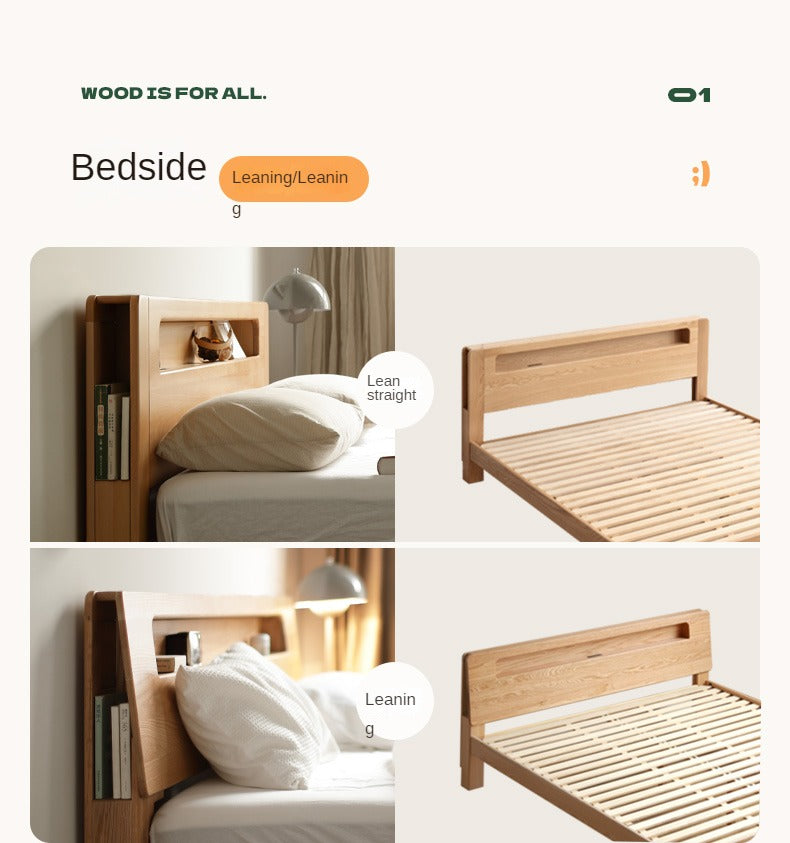 Oak, Beech solid wood bed with light and bookshelf