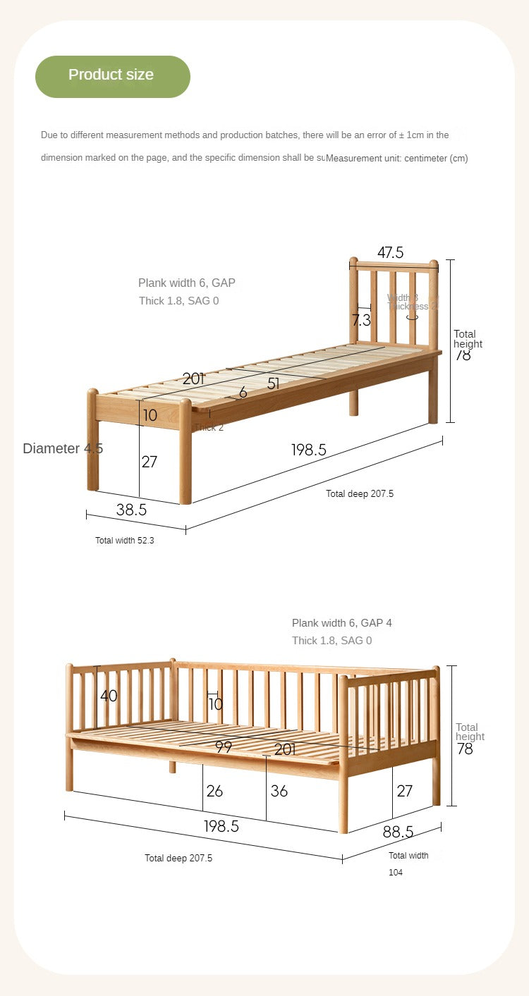 Beech Solid Wood Children's Splicing Bed with Guardrail