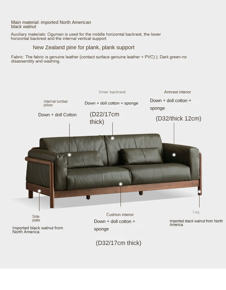 Black Walnut Solid Wood Leather Sofa Modern