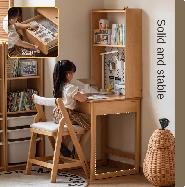 Beech solid wood children's desk bookshelf integrated